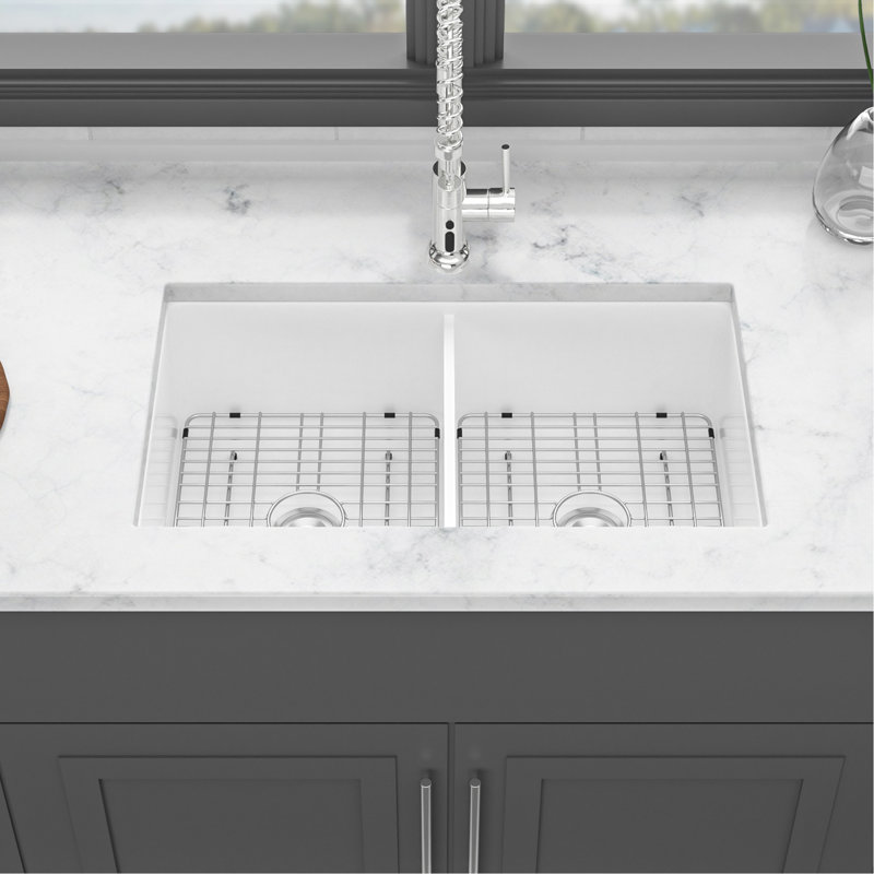 32" Undermount Ceramic Double Bowl Sink - White Basin For Sleek Kitchen Design Rectangular Practical Organization