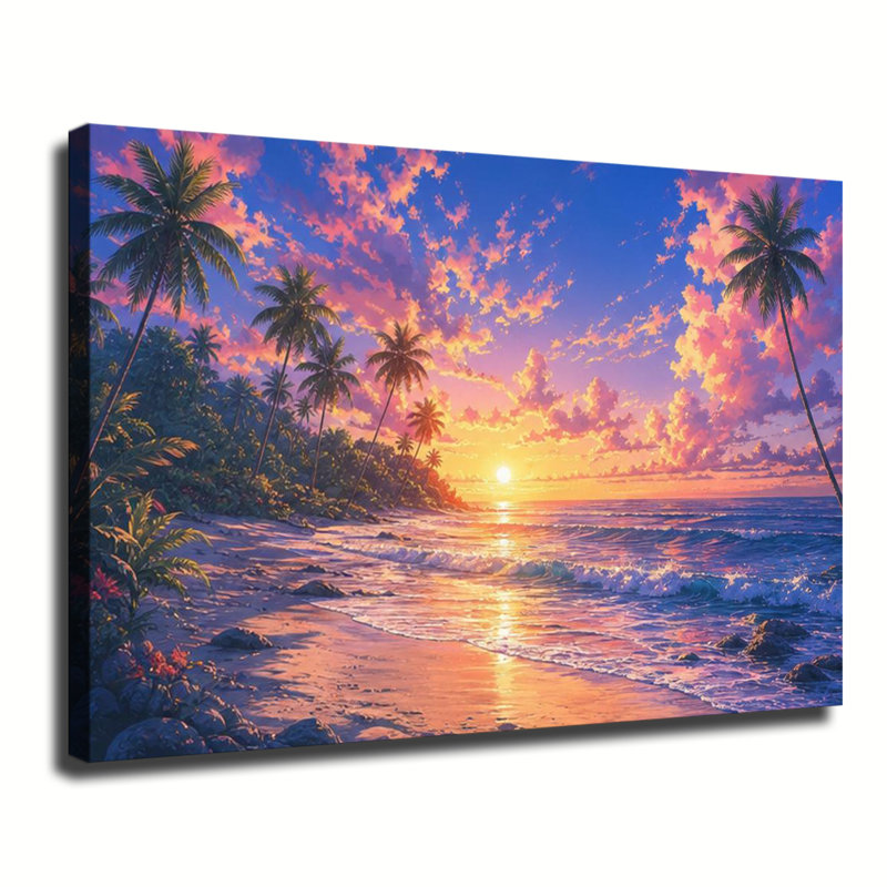 Coucher de soleil vibrant aux teintes violettes et orangées sur un rivage tropical avec cocotiers et vagues écumeuses - Tableau sur toile