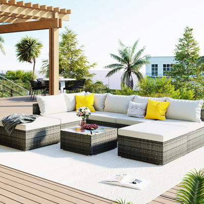 8 meubles de conversation pour patio - coussins beiges, structure en fer gris et résistance à l'eau avec canapés simples librement combinables