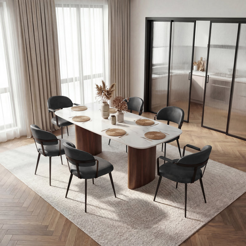Windsor 6-Piece Dining Chair Set, 2 Armchairs & 4 Side Chairs, PU Upholstered, Metal Frame, Black