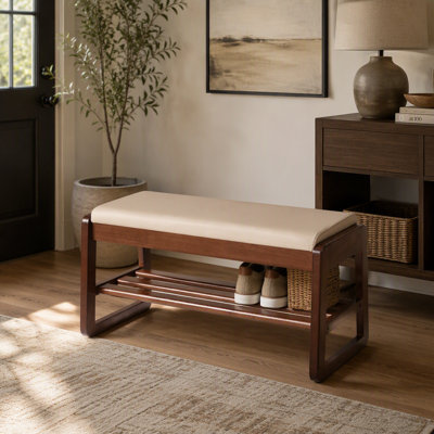 Banc de rangement en bois pour chaussures avec siège en cuir végétalien de qualité supérieure, étagères à chaussures ouvertes à plusieurs niveaux, étagère à chaussures robuste pour chambre d'entrée
