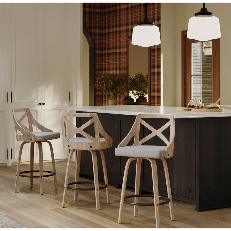Dannie Swivel Upholstered Counter Stool, Light Gray, White Washed Wood