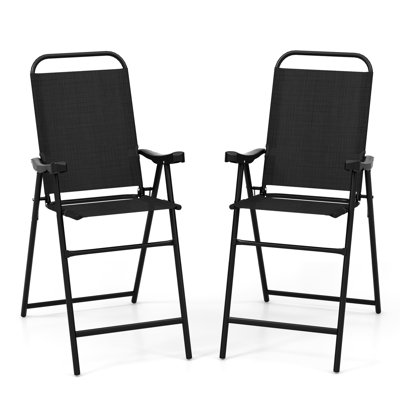 Ensemble de 2 chaises de bar pliantes de jardin, hauteur bar, structure en métal avec repose-pieds, couleur café noir.