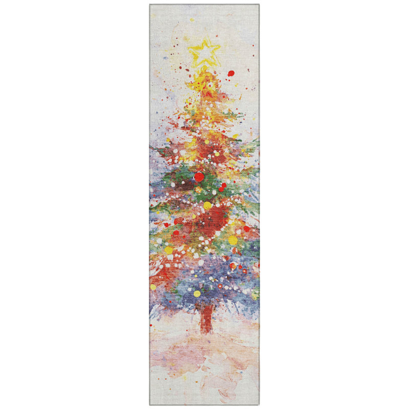 Machine Washable Indoor/Outdoor Christmas Tree Xhevrie Ivory Rug, Round 8'