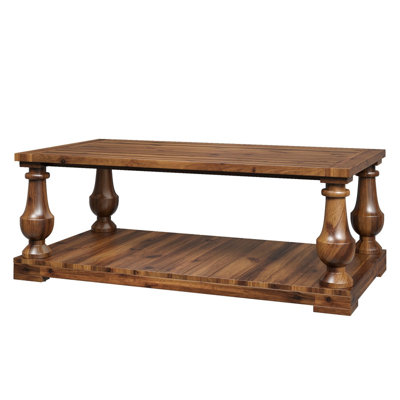 Walnut Farmhouse Style Center Coffee Table, 2‑Tier Rustic Wood Table with Storage Shelf and Solid Wood Turned Legs, Living Room Accent Furniture