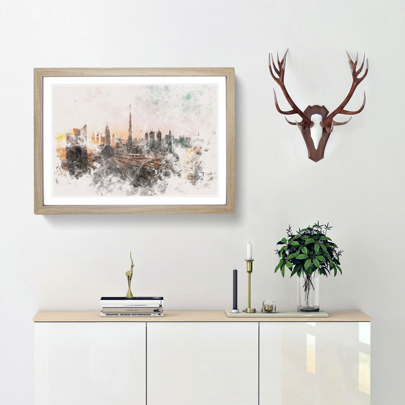 Burj Khalifa Dubai Skyline - Single Picture Frame Painting on MDF, Oak Framed, 62cm H x 87cm W x 2cm D