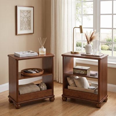 24" Solid Wood End Table with 3-Tier Storage Shelves and Fluted Design（Set of 2）