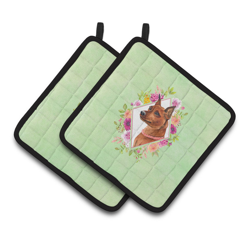 Ensemble de cuisinier poignée 2 pièces caroline trésors sheltie, Vert, Pinscher miniature