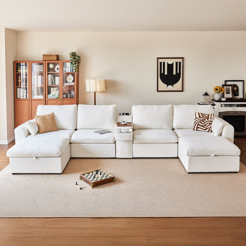 U-shaped 6-seater Sectional Couch Chenille Oversized Modular Sofa Cloud Couch With Versatile Console, Convertible Side Table Charging Storage Cup Holder