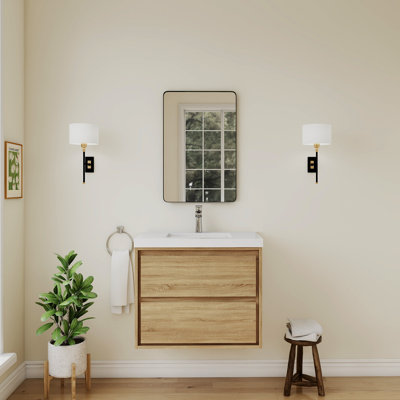 Frost 30 po X 20 po Meuble-lavabo flottant à évier simple entièrement assemblé en grain de bois avec plateau et lavabo en marbre blanc