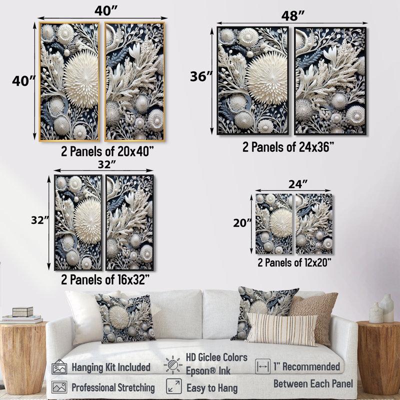 Fleurs de corail gris - impressions sur toile grises, H 32 po x l 32 po, Argent argent