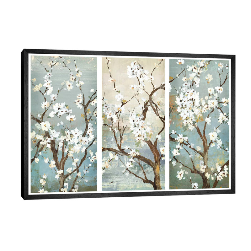 Triptych In Bloom - Painting on Canvas, 101.6 cm H x 66.04 cm W, Black Framed