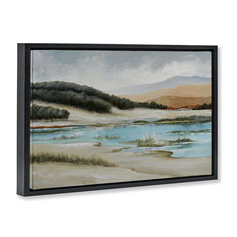 «River's Edge Landscape», toile flottante encadrée dorée par Max Maxx, Cadre flottant noir de jais, H 21 po x l 31 po