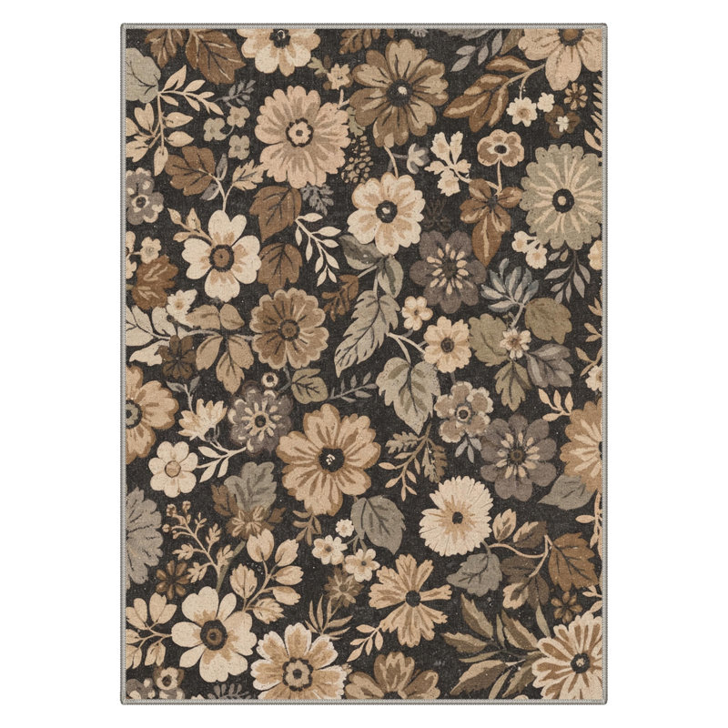 Blossom Vintage Floral Machine Washable Brown Indoor Area Rug with Non-Slip Backing, Round 5'