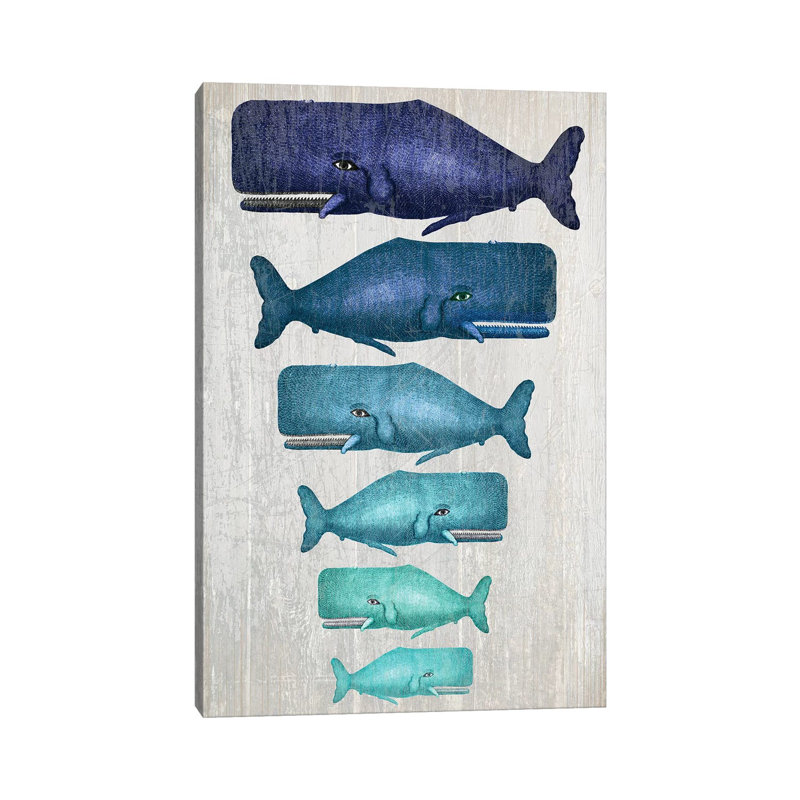 «Whale Family Blue on White» par Fab Funky - impression d'art graphique, H 12 po x l 8 po x P 0,75 po, Toile tendue