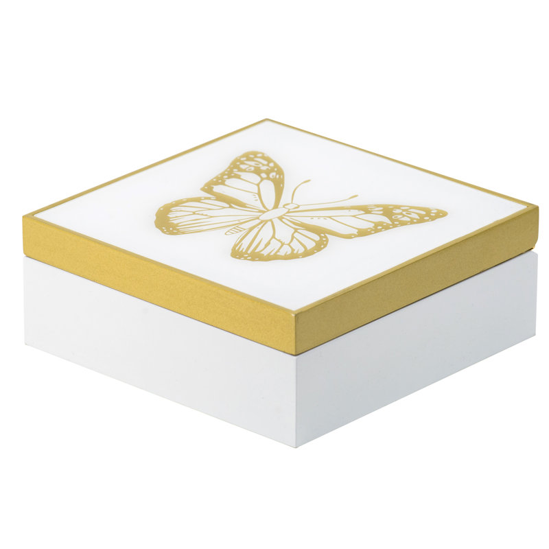 Boîte de rangement papillon en or et blanc, panneau de fibres à densité moyenne décoratif et boîte en acrylique avec couvercle à charnière pour bijoux, souvenirs et articles essentiels, 7 po x 3 po 