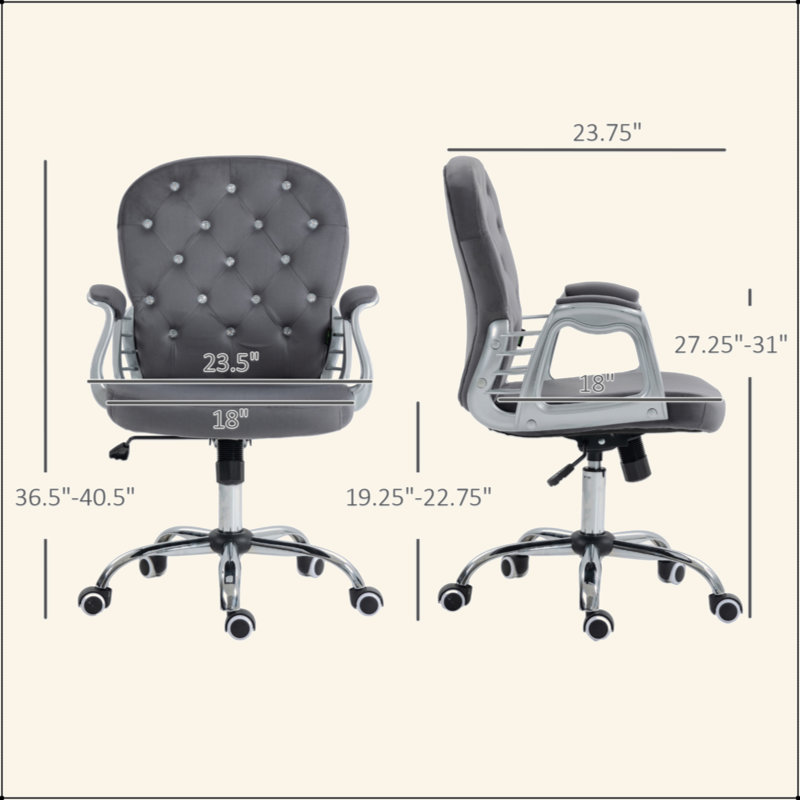 Chaise de bureau en velours, chaise de bureau capitonnée à boutons avec accoudoirs rembourrés, hauteur réglable et roulettes pivotantes, gris foncé