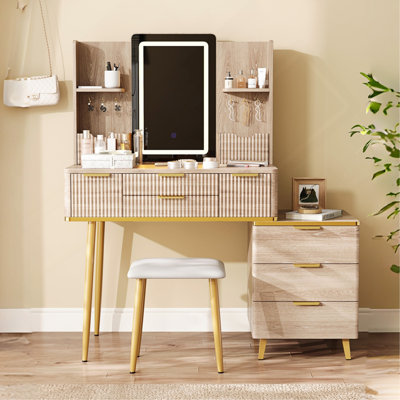 7-Drawer Vanity Desk With LED Mirror & Carved Details, Fluted Makeup Table With Metal Legs And PU Stool, Carved Dressing Table With Jewelry Storage For Bedroom