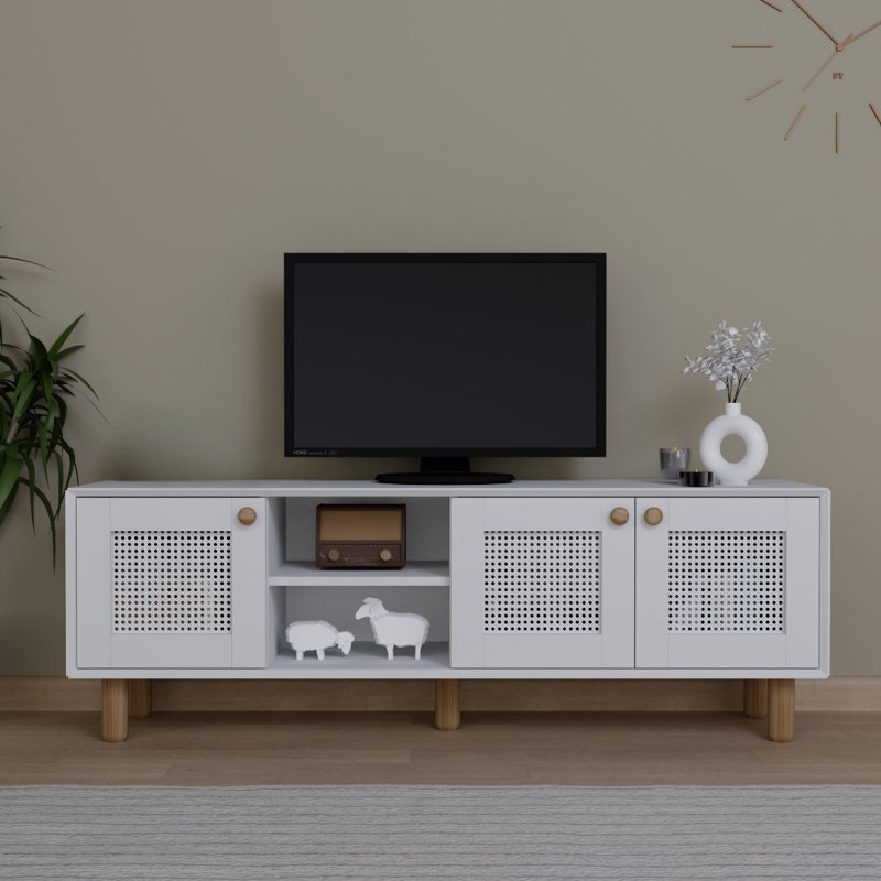 Meuble télé moderne blanc avec plusieurs tablettes, design scandinave, 63,0 x 22,0 x 15,8 pouces | 100% panneau de particules enduit de mélamine, épaisseur: 0,7 pouce | Fixation murale pour des solutions peu encombrantes, élégantes et fonctionnelles