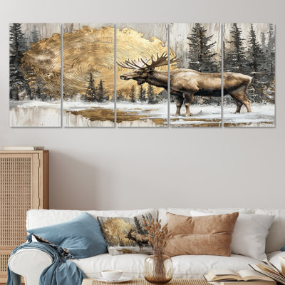 «Golden Moose In The WinterLandscape III - Moose Art», ensemble de décorations murales modernes