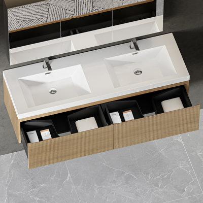 60 in. Modern Wall-Mounted Floating Double-Sink Bathroom Vanity in Natural Oak with Glossy White Stone Resin Top