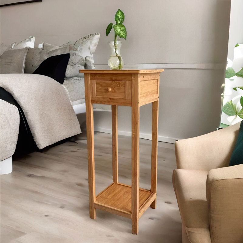 2 Tier Tall Bamboo Side Table With A Drawer