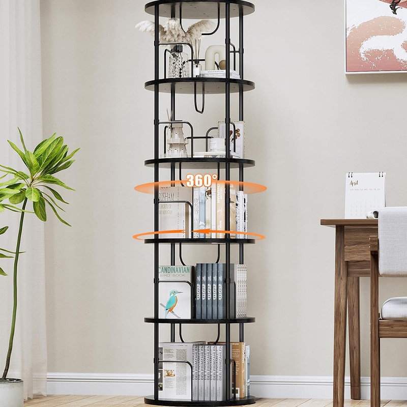 Black 5-Tier 360° Rotating Stackable Bookshelf with Metal Frame