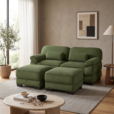 Green 2-Seater Modular Corduroy Sectional Sofa with 2 Movable Ottomans and Flexible Layout