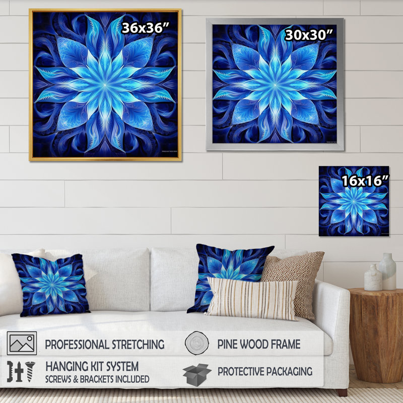 «Turquoise and White Fractal Flowers VII», reproduction sur toile, H 30 po x l 30 po x P 1 po, Cadre simple noir