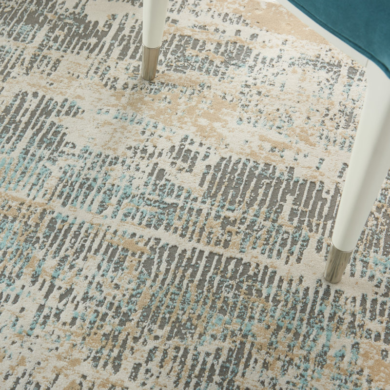 Abstract Area Rug in Beige/Blue, Rectangle 4' x 6'