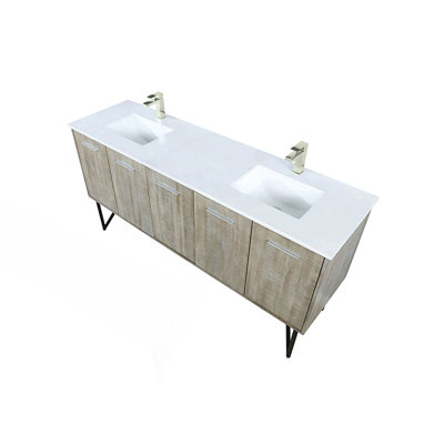 72 po X P 20 po Ensemble de meuble-lavabo double D 4 portes avec plateau en quartz blanc et robinet en nickel brossé