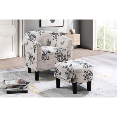 Chaise d'appoint moderne et enveloppée dans un tissu doux avec des croquis botaniques, dossier arrondi pour le soutien, poids blanc de 62,82 lb, accoudoirs courbés vers l'intérieur de conception rétro, profondeur 26