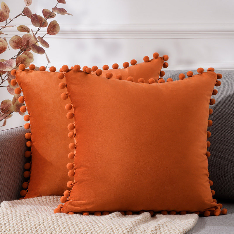 Burnt Orange Velvet Square Pillow Covers with Pom-Poms, Set of 2