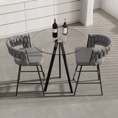 Tempered Glass Round Bar Table Set with 360°Swivel Bar Chairs