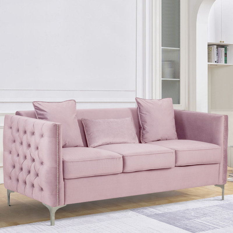 Canapé en velours mauve avec 3 coussins, Velours rose