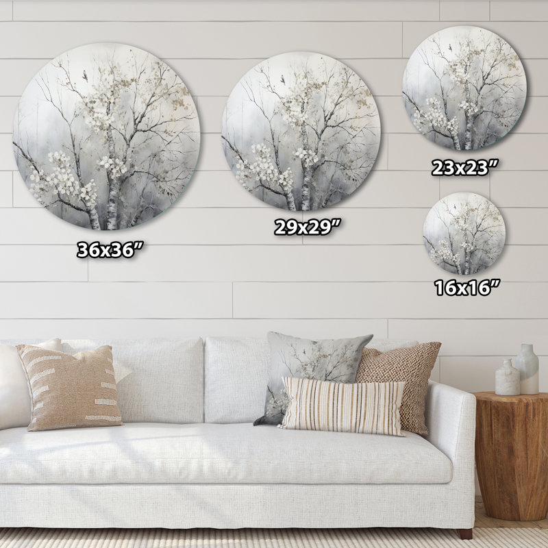 Arbre gris gris, rêverie monochrome - art floral rond en métal, H 16 po x l 16 po
