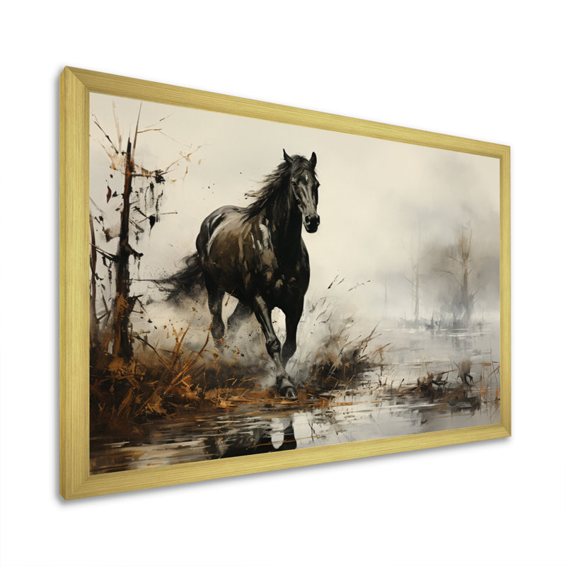 «Grey Horse Misty Morning Canter II», art mural cheval, Cadre doré simple, H 30 po x l 40 po x P 1,5 po
