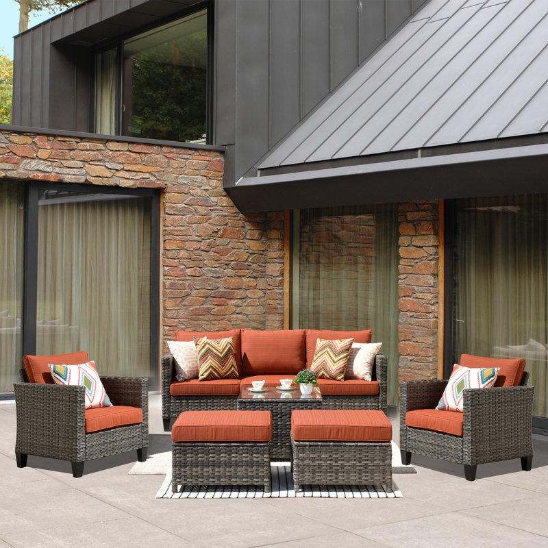 Sturgill 6 Piece Rattan Sofa Seating Group With Cushions, Orange