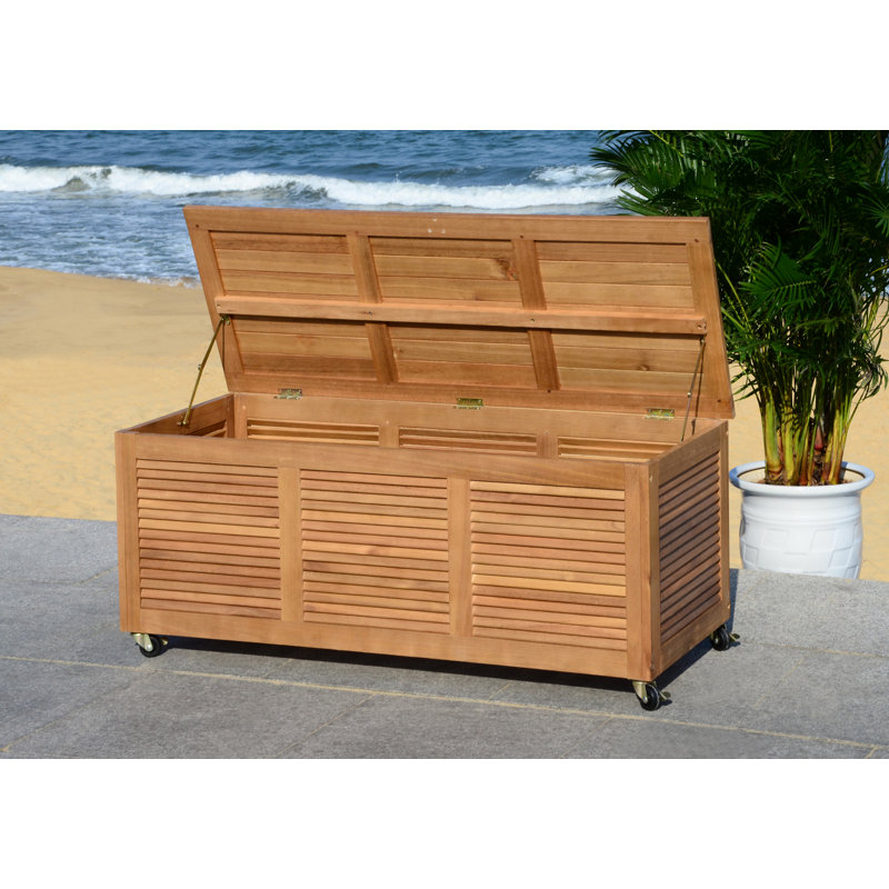 Outdoor Odette Eucalyptus Solid Wood Deck Box with Wheels, Natural
