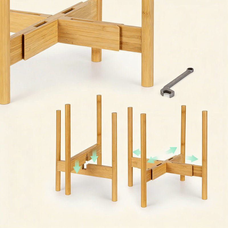 Support à plante réglable en bambou pour pots d'intérieur - Design moderne Mid-Century avec assemblage à brancher, deux options de hauteur et réglage de la largeur de 8 à 12 pouces pour un ajustement sûr