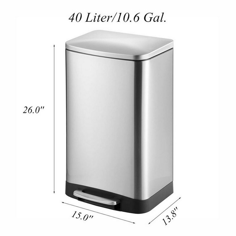 Brushed Stainless Steel Rectangular Step-On Trash Can, 10.6 Gallon