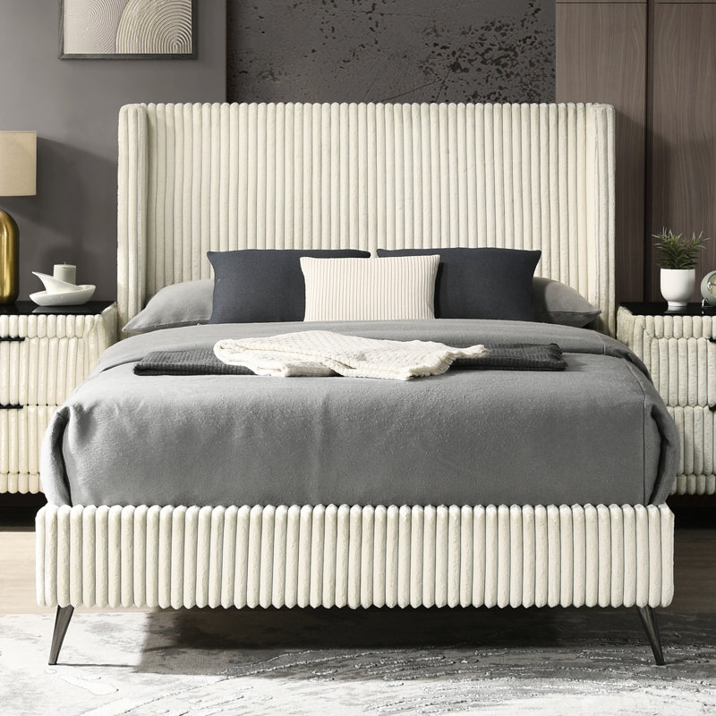 Cream Queen Sized Bed - Soft Wide Wale Corduroy Upholstery, Contemporary Wing Back Headboard, 4 Wooden Slats In Elegant Modern Bedroom,