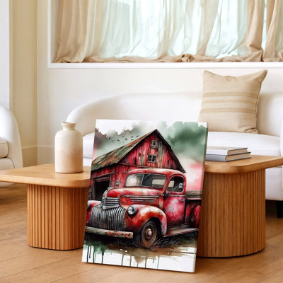 Vintage Red Pickup Truck Rustic Barn Watercolor Farmhouse Home Decor Canvas Wall Art Print, Living Room Bedroom Office Hallway Decor, Modern Surreal Gallery Wall Accent for Apartment Loft Entryway Home
