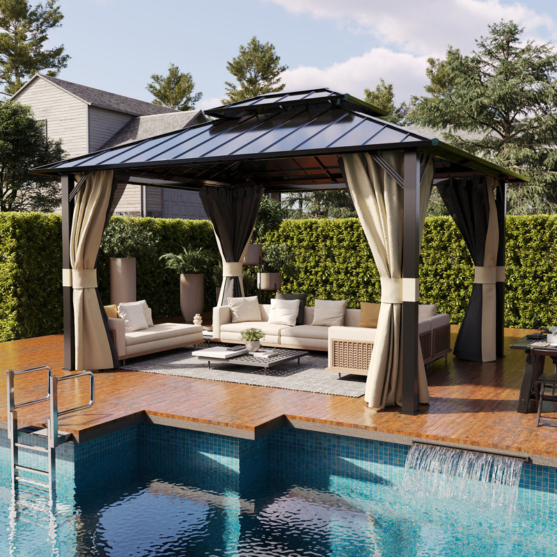 12 pi. L 10 pi. D Pavillon de jardin d'extérieur en aluminium avec cadre en aluminium, filet et rideaux, Beige