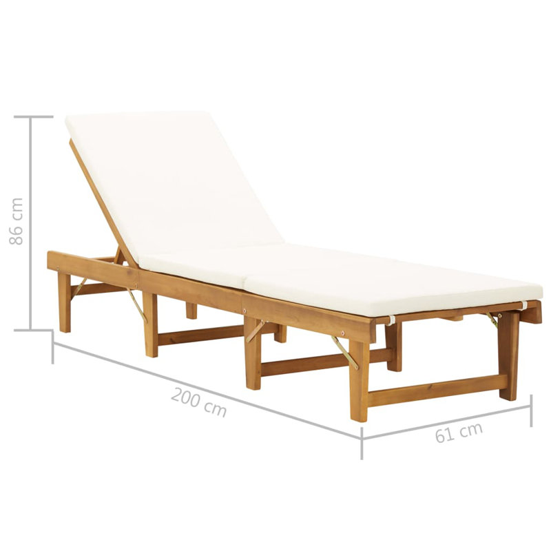 Patio Lounge Chair with Cushion Outdoor Sunlounger Solid Acacia Wood, Cream White, Yes