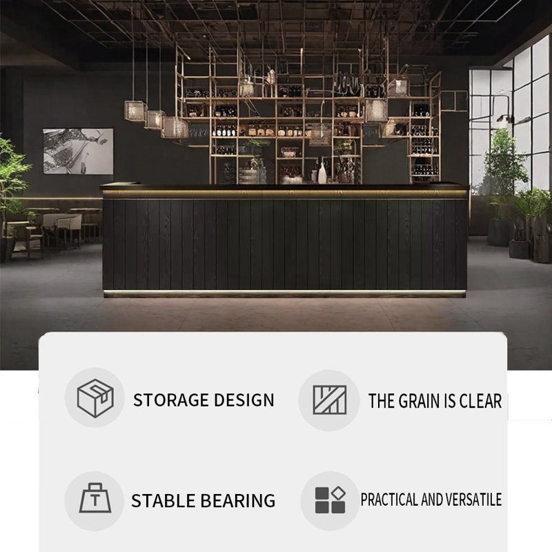 Rustic Style Bar Front Desk with Storage and Bar Counter, Black