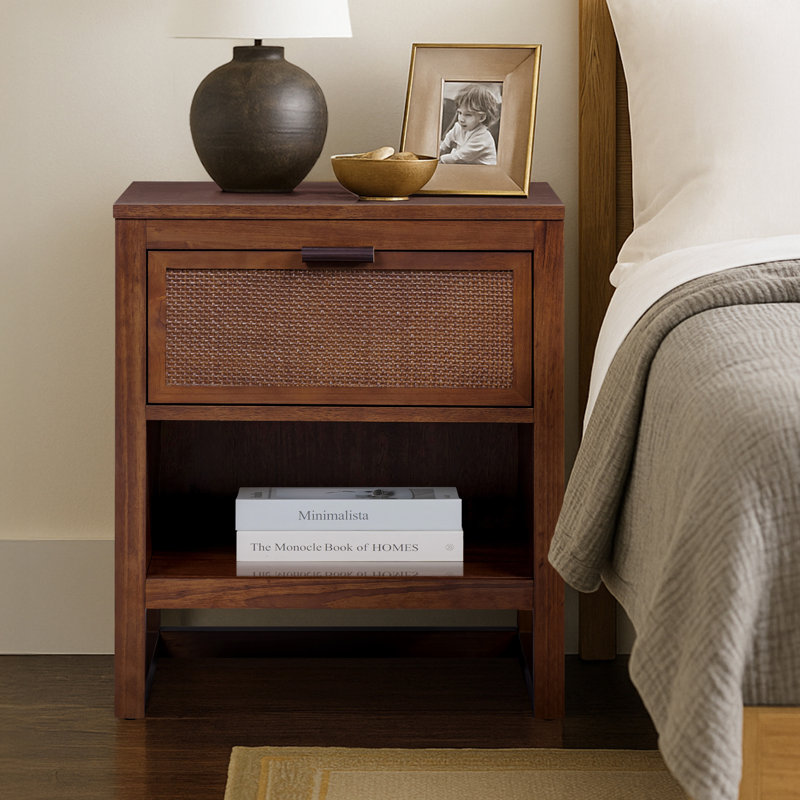 Ameer Nightstand with 1 Deep Drawer and Open Shelf Storage, Walnut