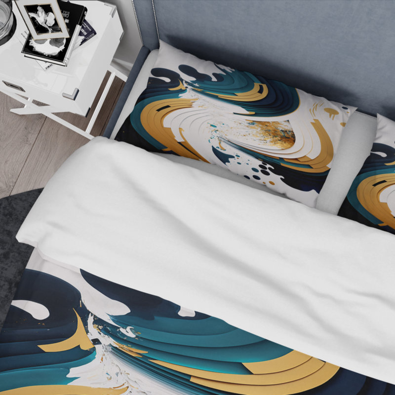 Ensemble de housse de couette en microfibre / polyester bleu et or, peinture abstraite moderne VII