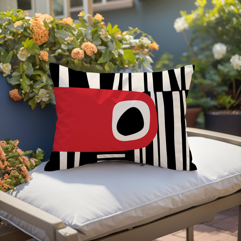 Jina Abstract Reversible Indoor/Outdoor Rectangular Pillow, Red/ Black/ Off-White, 14"H x 20"W