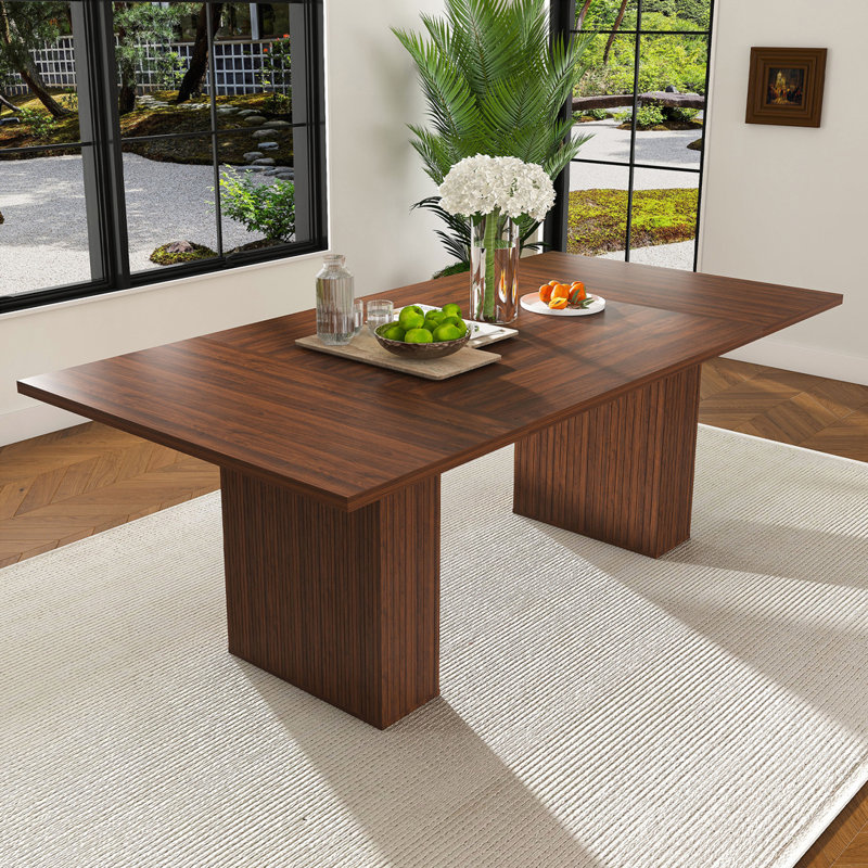 Table de salle à manger de 78 po avec base de rangement - placage en bois naturel, style campagnard, 6 sièges